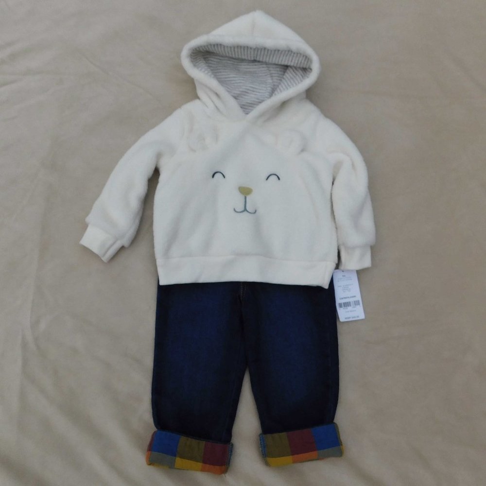 Carters 9M Plush Bear Hoodie AND Baby B'Gosh Contrast Cuff Jeans